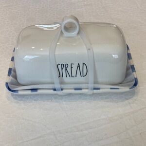 Rae Dunn White 'SPREAD' Butter Keeper with Blue-Trim Tray
